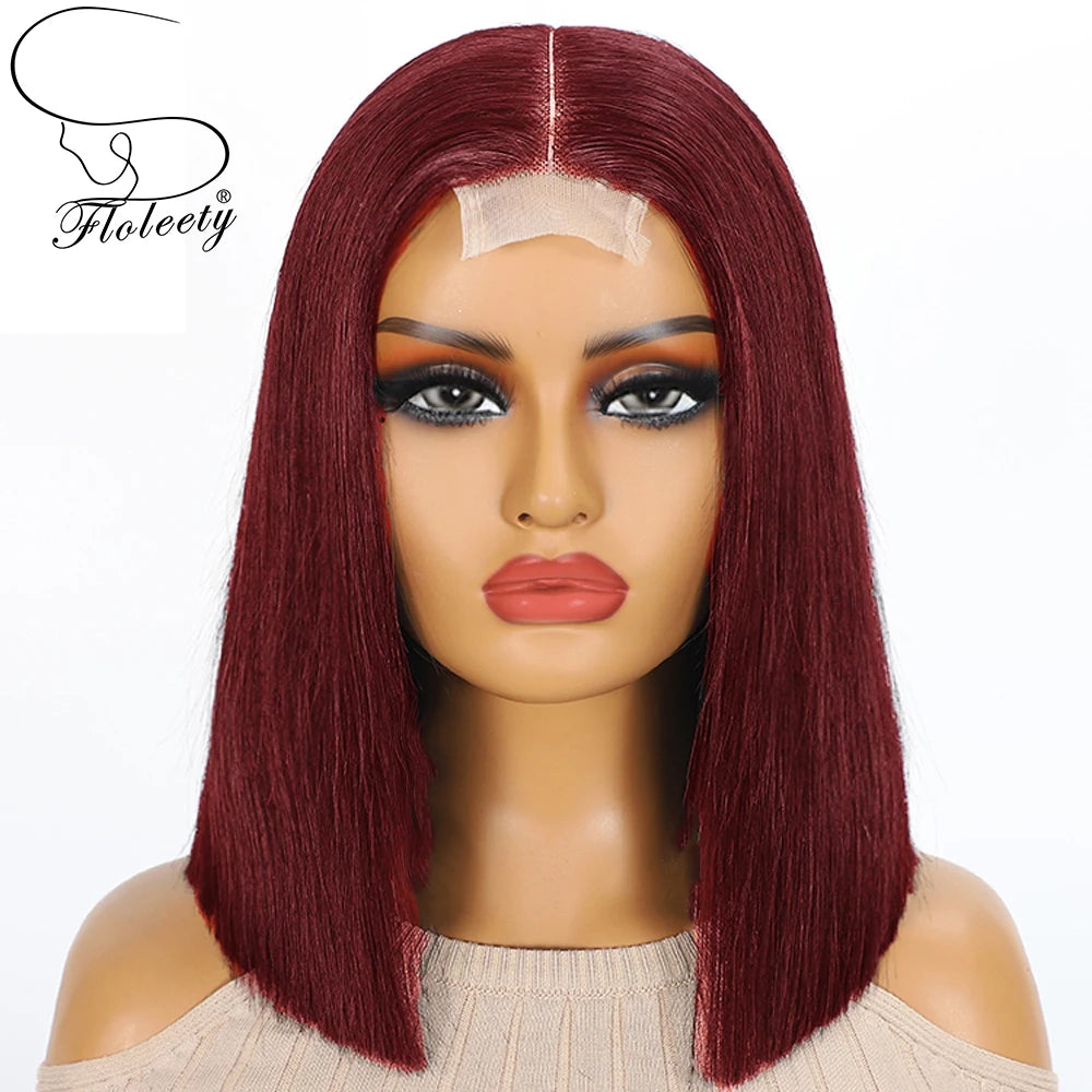 16A 100% Human Hair 99j Super Double Drawn Bone Straight Bob Wigs Human Hair Burgundy 5x5 2x6 Glueless HD Lace Wigs For Women