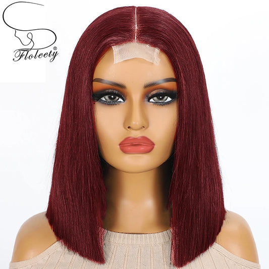 16A 100% Human Hair 99j Super Double Drawn Bone Straight Bob Wigs Human Hair Burgundy 5x5 2x6 Glueless HD Lace Wigs For Women