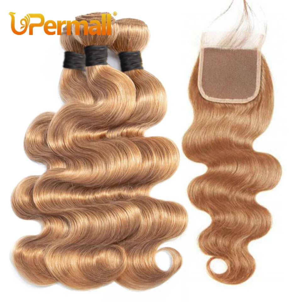 Upermall #27 Colored 3/4 Remy Bundles with Closure Body Wave Human Hair Honey Blonde Transparent 4x4 5x5 Lace Closure and Weaves